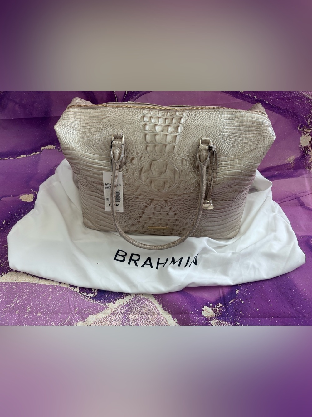 Brahmin Linen Duxbury Carryall Embossed Croc Tote with Gold Hardware